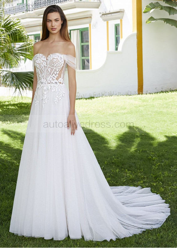 Off Shoulder Ivory Lace Tulle Sweet Wedding Dress